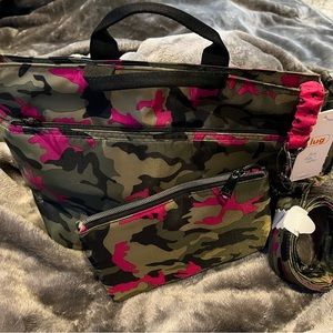 LUG Tenor Crossbody Travel Purse and wristlet Camo pink and green. 100%polyester